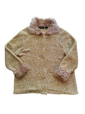 Vintage Yellow Faux Fur Trim Coat XL Y2K Textured Button Front Jacket Retro